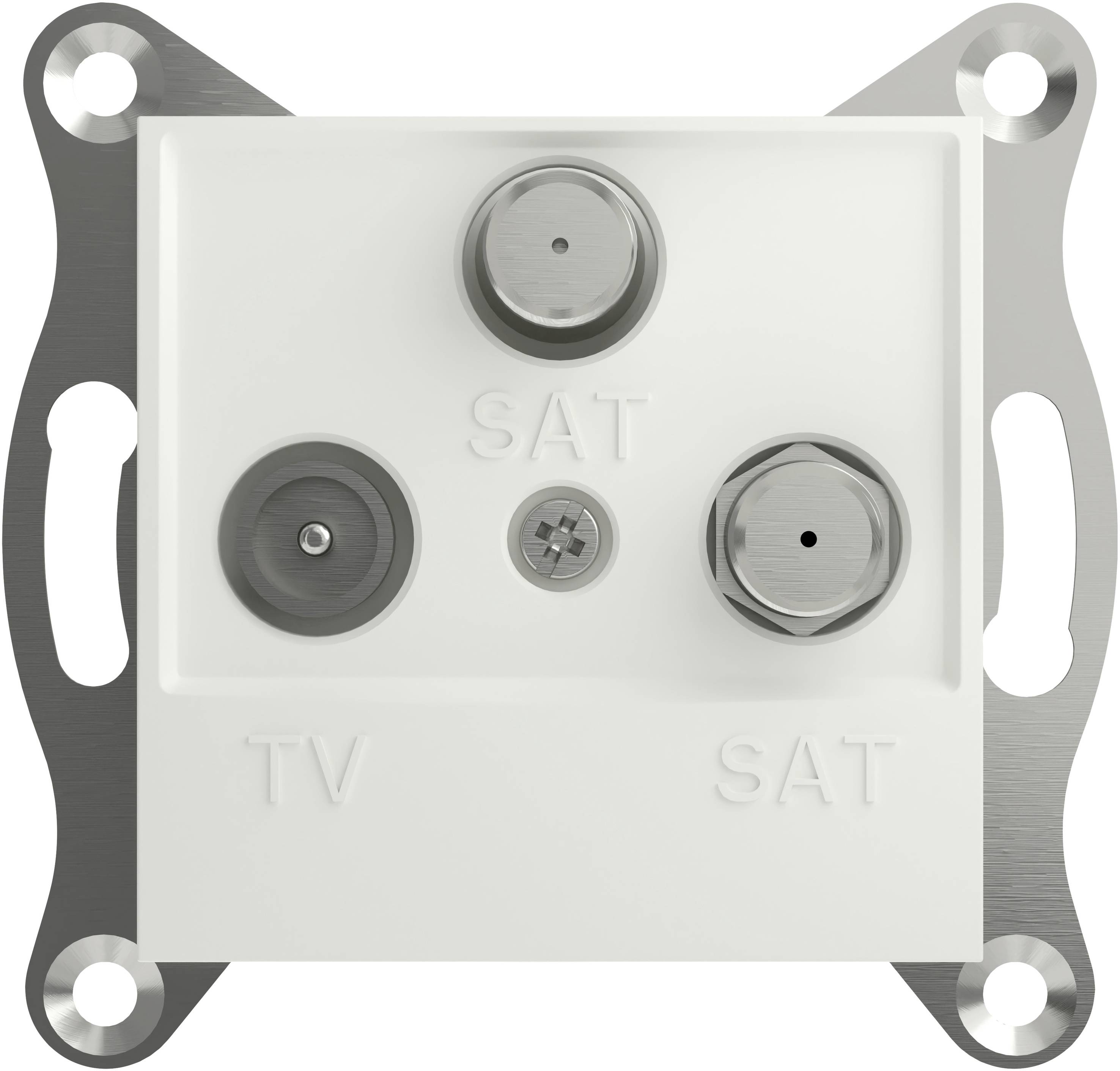 Weiße Koaxial-Doppelsteckdose mit TV- und zwei SAT-Anschlüssen, montiert auf silbernem Metallrahmen.