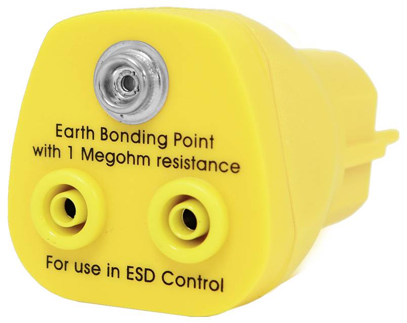 Gelber ESD-Kontroll-Erdungsstecker mit dem Etikett 