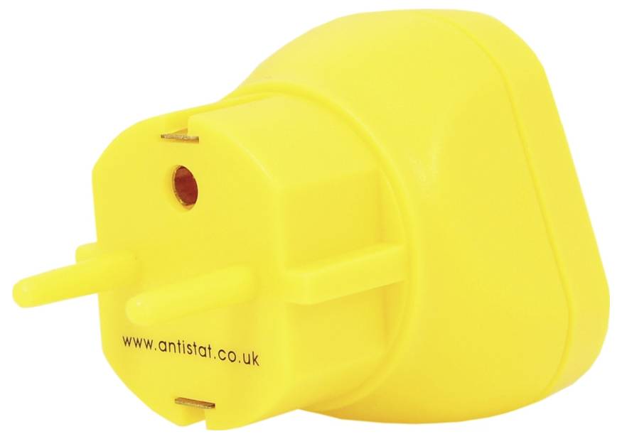 Gelber britischer Stecker-Adapter mit zwei runden Stiften und einem kleinen roten Indikator, beschriftet mit „www.antistat.co.uk