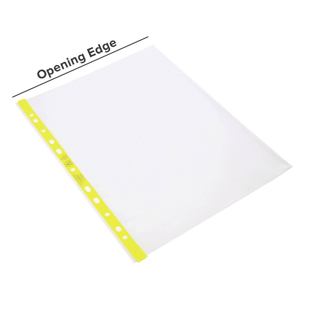 Weiße Klarsichthülle mit gelbem Lochrand und der Aufschrift 'Opening Edge' über dem offenen Rand.