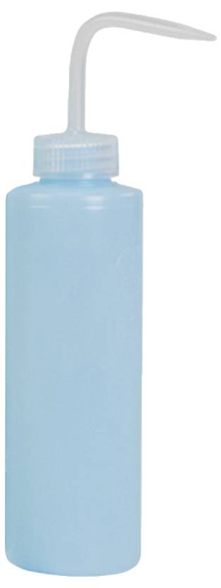 Blaue Kunststoff-Quetschflasche mit gekrümmter Ausgussdüse und Verschlusskappe auf weißem Hintergrund.