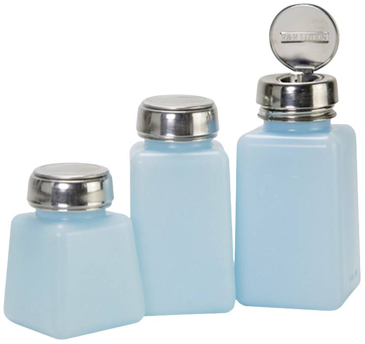 Drei blaue Plastikbehälter mit metallenen Deckeln stehen nebeneinander. Der rechte Deckel ist offen und zeigt eine Oberfläche zum Drücken.