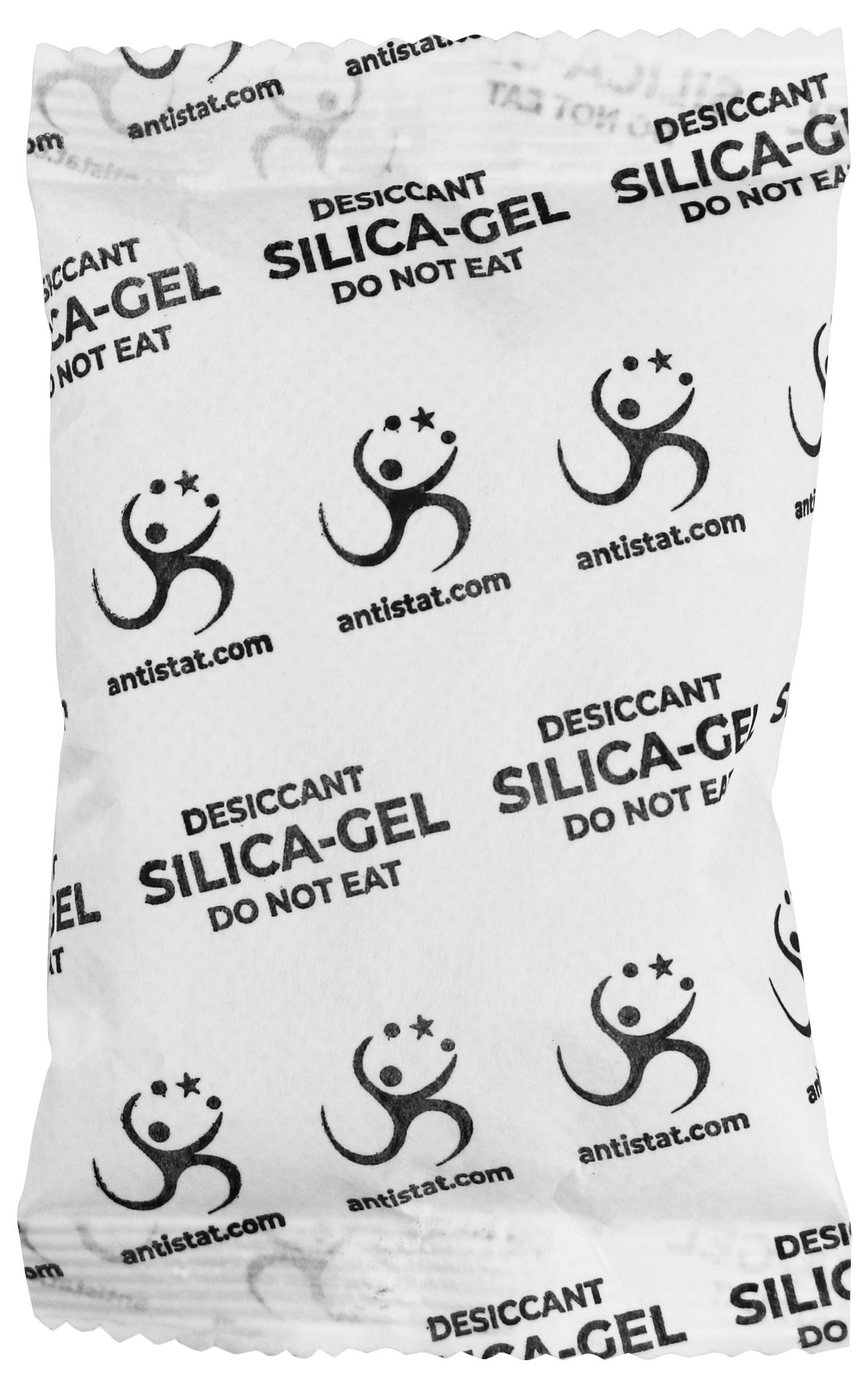 Nahaufnahme eines weißen Kieselgel-Trocknungsmittelpäckchens mit dem Aufdruck „DESICCANT SILICA-GEL DO NOT EAT