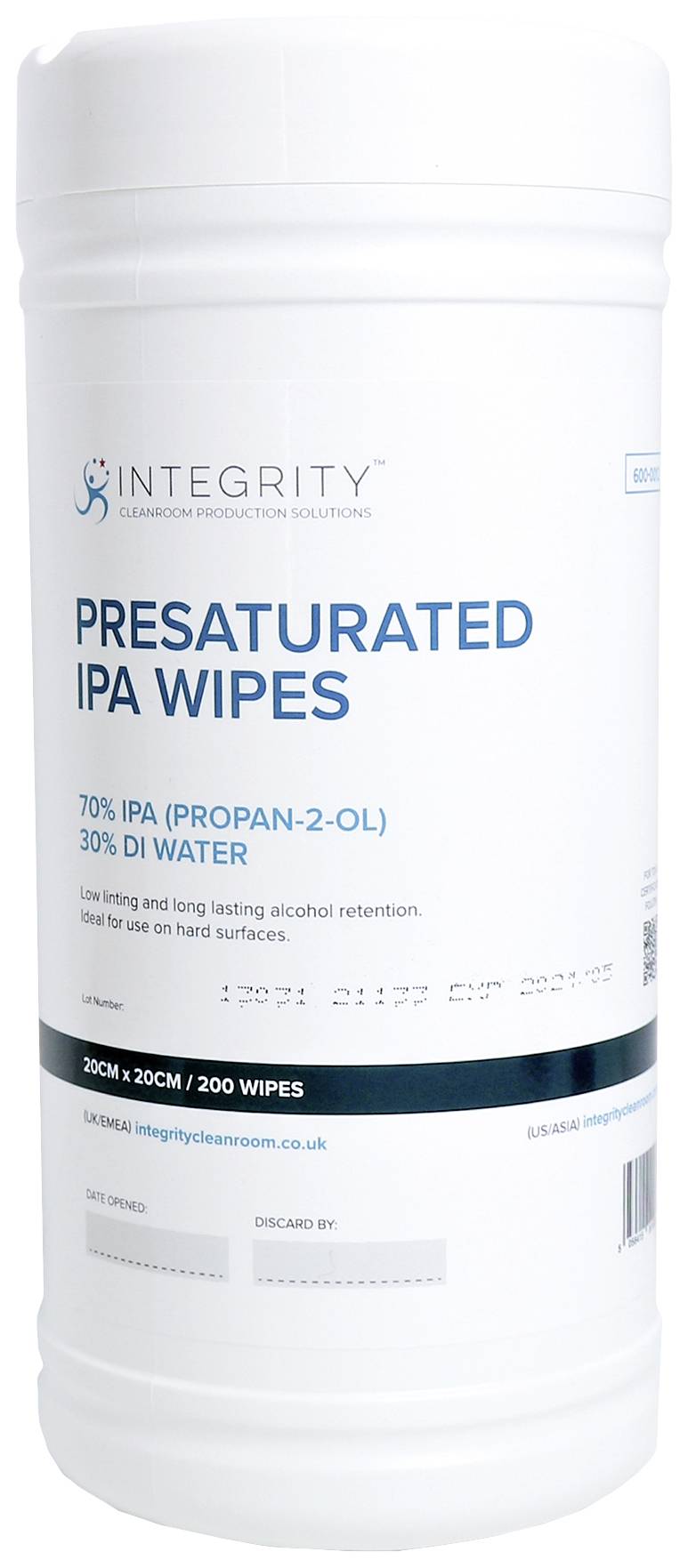 Ein weißer Behälter mit der Aufschrift 'PRESATURATED IPA WIPES 70% IPA (PROPAN-2-OL) 30% DI WATER'. Enthält 200 Tücher.