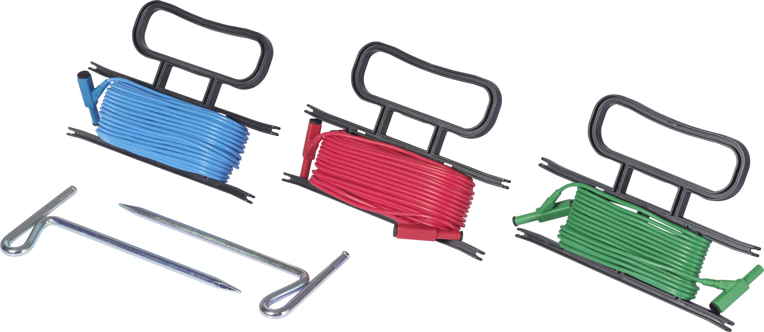 Drei aufrollbare Wäscheleinen in Blau, Rot und Grün, mit Griffen und zwei Metallhaken zum Befestigen. Ideal für Reisen oder Camping.