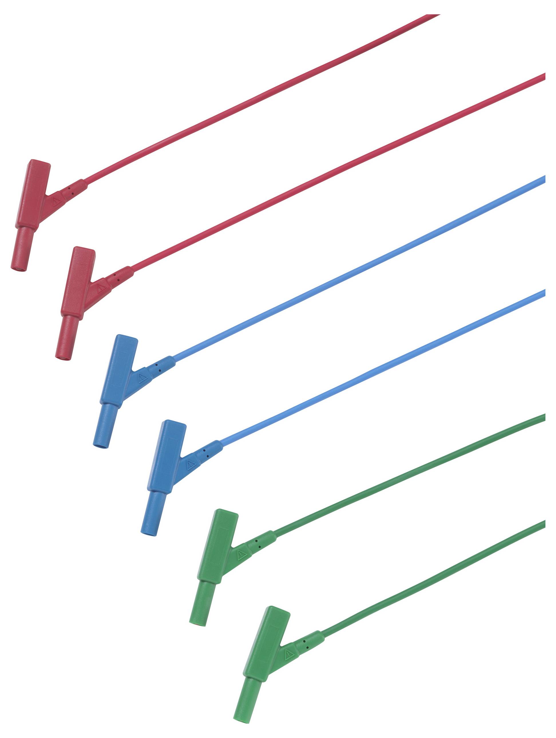 Drei Kabelpaare in Rot, Blau und Grün, jeweils mit fest verbundenen Krokodilklemmen, angeordnet parallel nebeneinander.