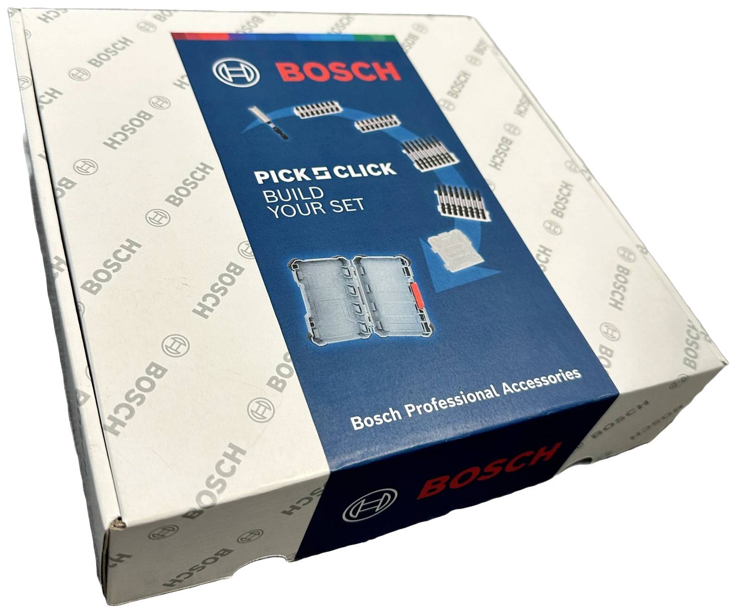 Verpackung von Bosch 'Pick and Click', mit Aufschrift 'Build Your Set'. Enthält professionelles Zubehörset für Handwerker.