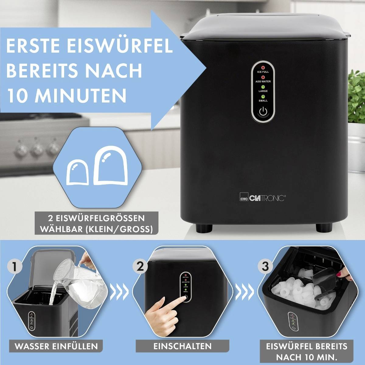 Eiswürfelbereiter: erste Eiswürfel in 10 Minuten, zwei Größen wählbar. Bedienung: Wasser einfüllen, einschalten, bereit.