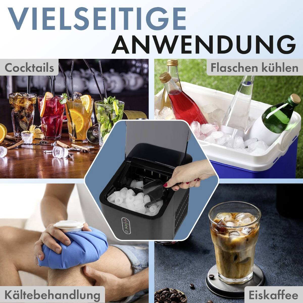 'Vielseitige Anwendung' zeigt Bilder von Cocktails, Kühlung von Flaschen, Kältebehandlung und Eiskaffee, die Eiswürfel verwenden.