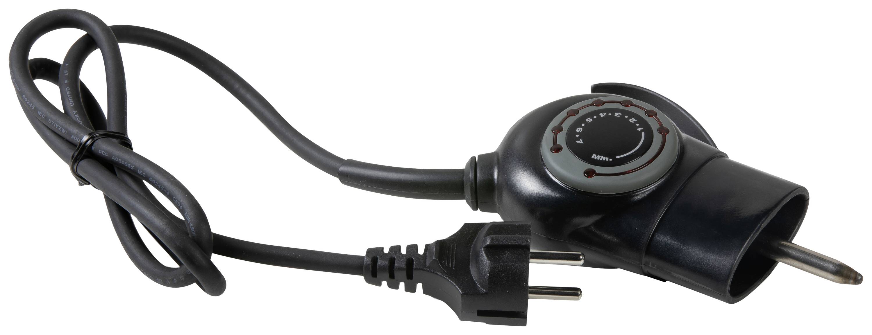 Schwarzer EU-Stecker mit integriertem Zeitschalter. geeignet für Gartenbeleuchtung oder Haushaltsgeräte, zur Energieeinsparung.