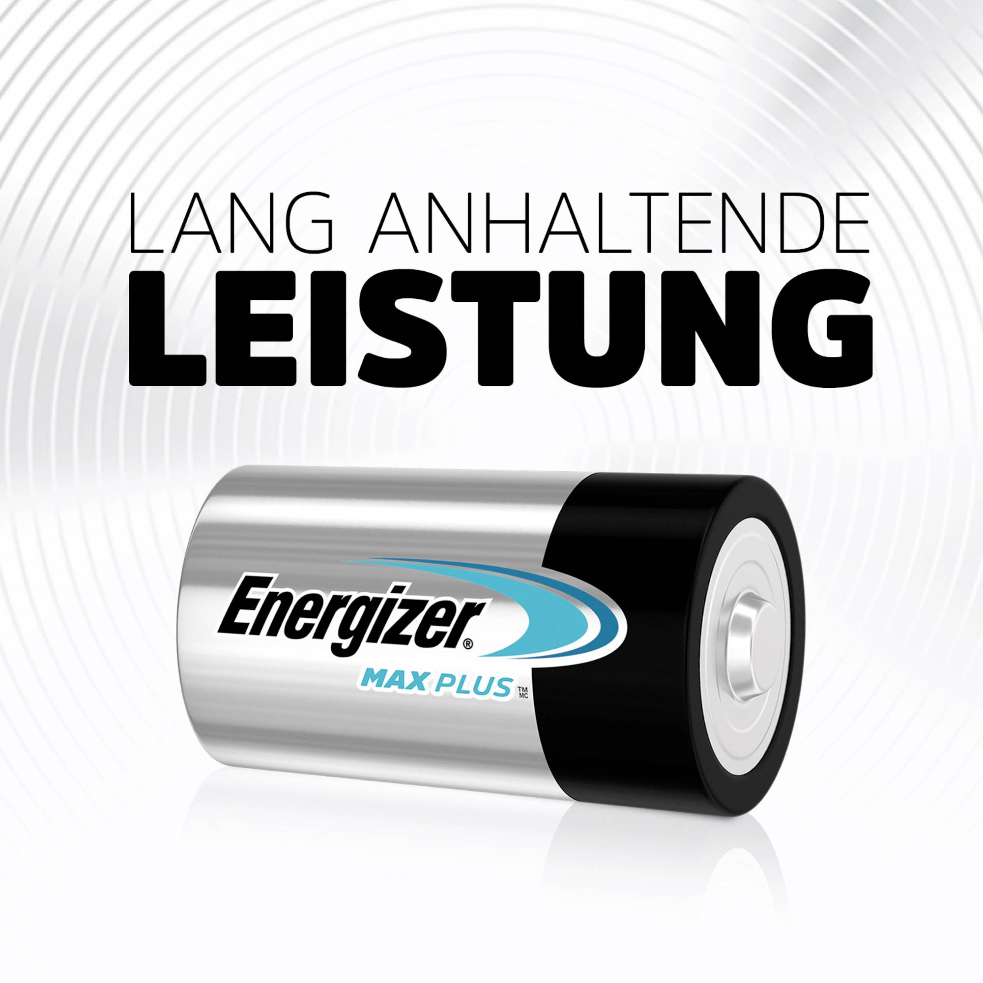 Eine Energizer Max Plus Batterie mit dem Text 'Lang anhaltende Leistung' im Hintergrund, hervorgehobene Markenbotschaft.