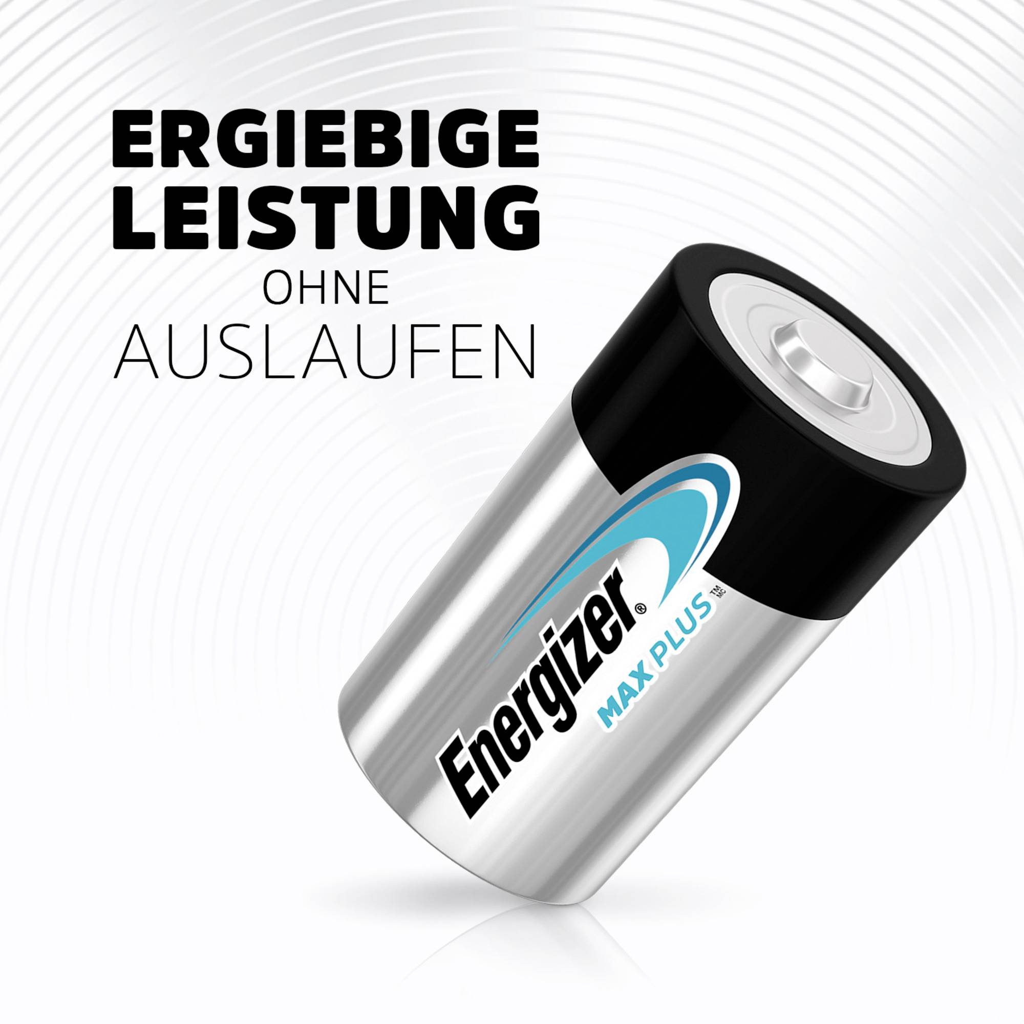 Batterie mit Aufschrift 'Energizer MAX PLUS'. Text darüber: 'Ergiebige Leistung ohne Auslaufen'. Silberne Batterie mit blauem Akzent.