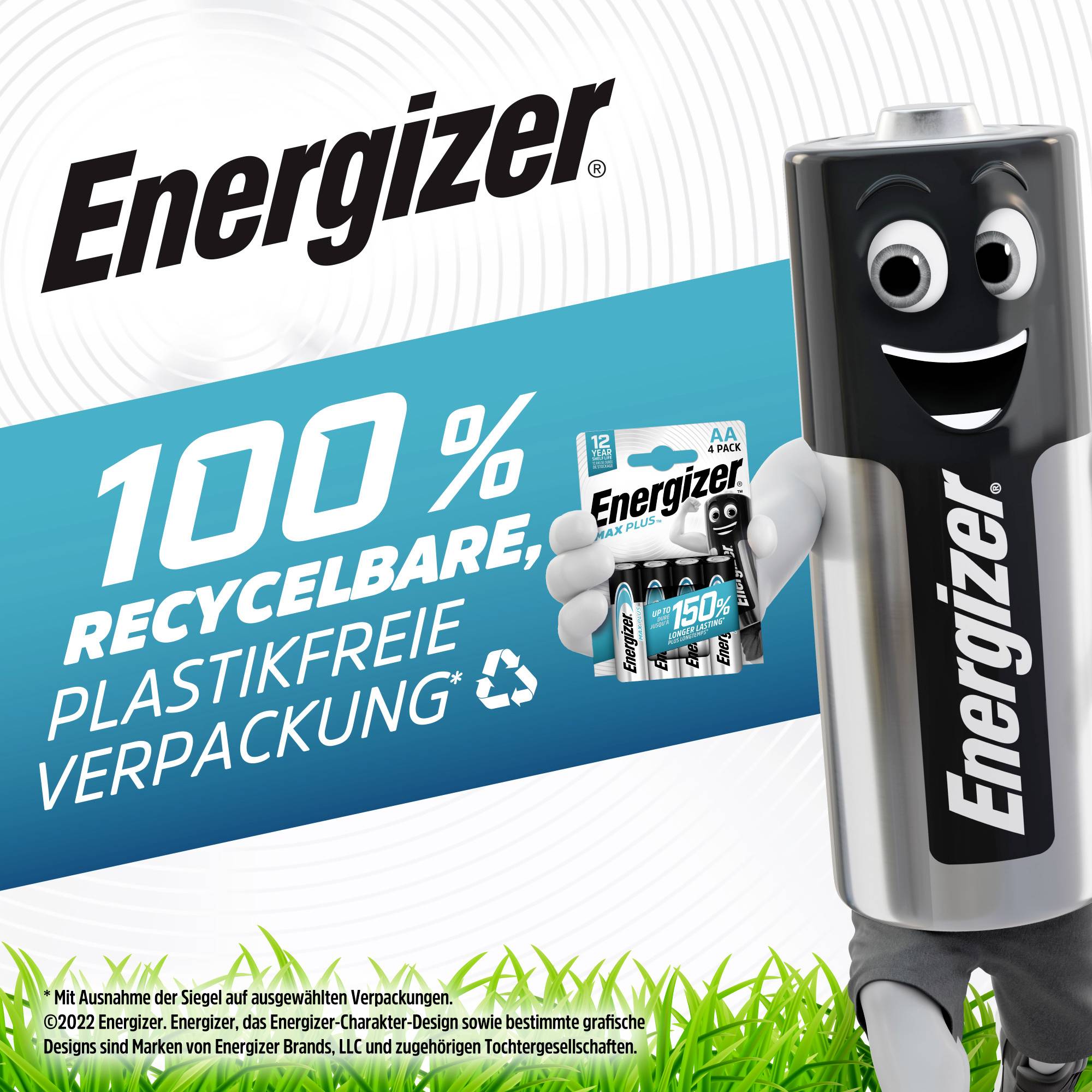 Energizer-Batterie mit '100 % recycelbare, plastikfreie Verpackung' Slogan. Eine Batteriefigur hält eine Packung AA-Batterien.