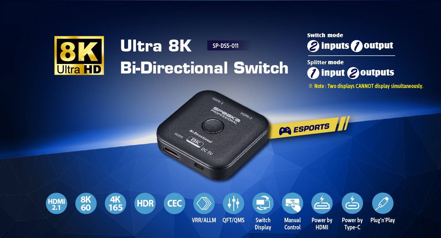 SpeaKa Professional SP-11990132 2 Port HDMI-Switch UHD 8K @ 60Hz bidirektional verwendbar 7680 x 4320 Pixel