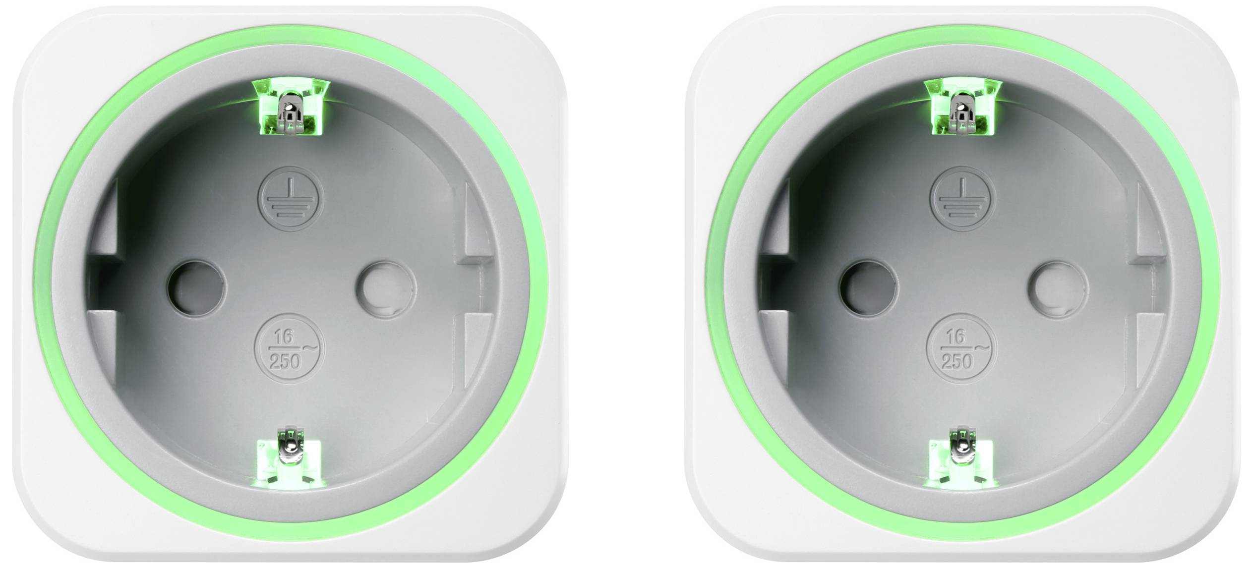 Zwei leere Steckdosen mit grünem Leuchtring, nebeneinander angeordnet.
