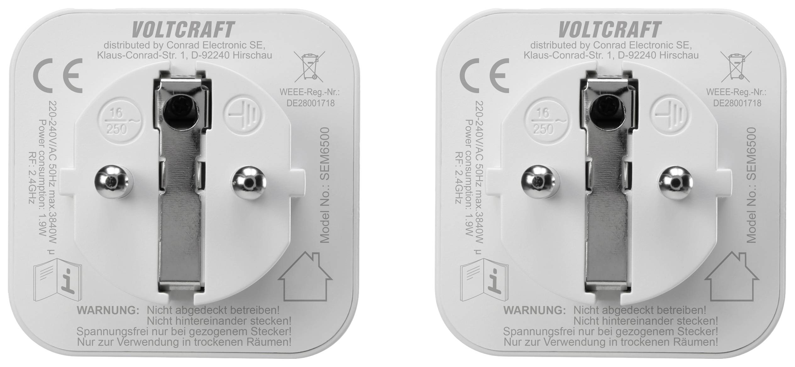 Zwei weiße Voltcraft Steckadapter, Rückseite mit Steckklemmen und Warnhinweis zur nicht abgedeckten Verwendung.