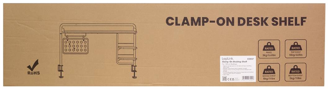 Verpackung eines Klemmtischregals mit illustrativem Regalaufbau. Text: 'Clamp-On Desk Shelf'. Produktbilder zeigen verschiedene Anwendungen.