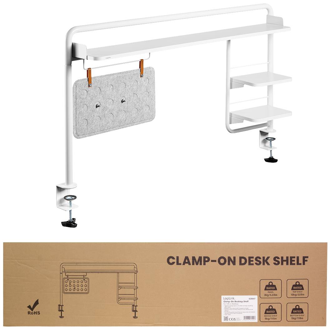 Regal mit zwei Klemmen zur Befestigung an einem Tisch. Integrierte Steckplätze für Ordner und Haken. Produktetikett unten abgebildet.