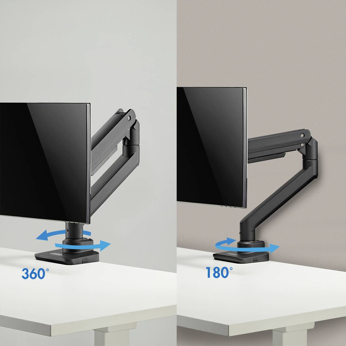 Ein Monitorarm zeigt links eine 360°-Drehung auf einem Schreibtisch und rechts eine 180°-Drehung an einer Wand.