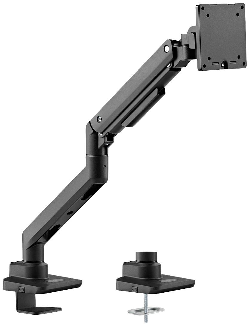 Ein schwarzer Monitorarm mit zwei Befestigungsmöglichkeiten, Klemme und durch Tischbohrung. Geeignet für ergonomische Bildschirmpositionierung.