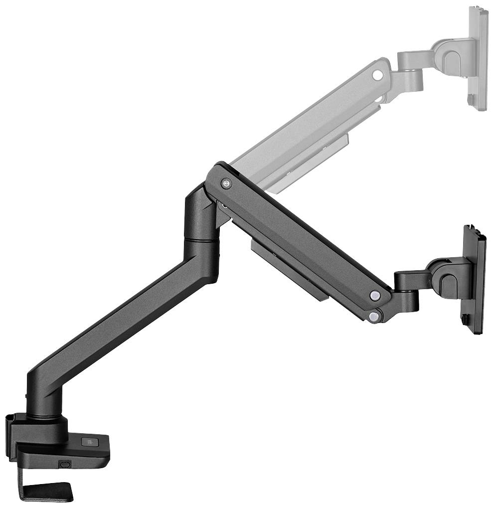 Ein verstellbarer Monitorarm aus schwarzem Metall, der an einem Tisch befestigt ist. Der Arm hat Gelenke zur flexiblen Positionierung.