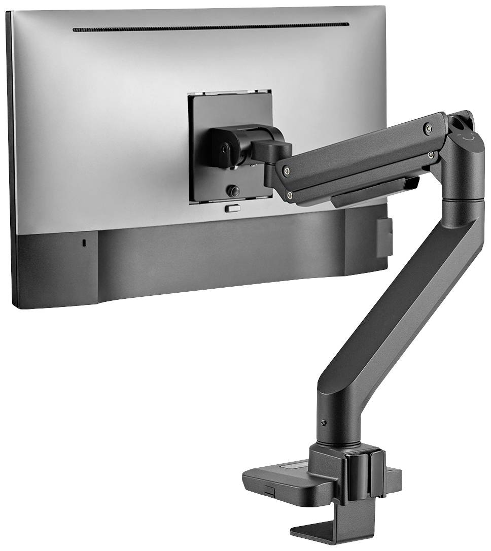 Monitorhalterung mit verstellbarem Arm, der an einem Schreibtisch befestigt ist. Monitor ist horizontal ausgerichtet, an einem schwarzen Arm.