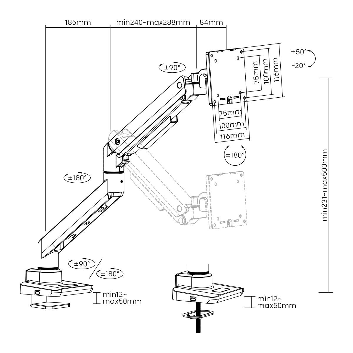 Diagramm eines verstellbaren Monitorsarms mit Maßen. Zeigt drehbare Gelenke und Reichweite der Arme in Millimetern.