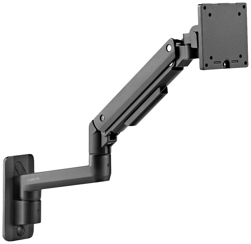 Verstellbarer schwarzer Monitorarm mit montierbarer Halterung zur Befestigung an der Wand.
