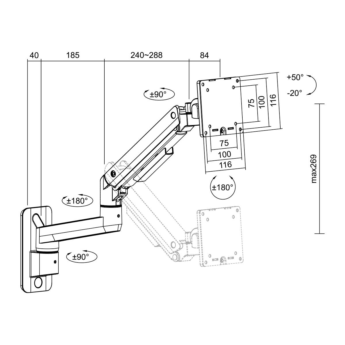 Technische Zeichnung eines verstellbaren Monitorarms mit Maßen: Neigungswinkel bis ±90°, Drehwinkel bis ±180°, maximale Reichweite 269 mm.