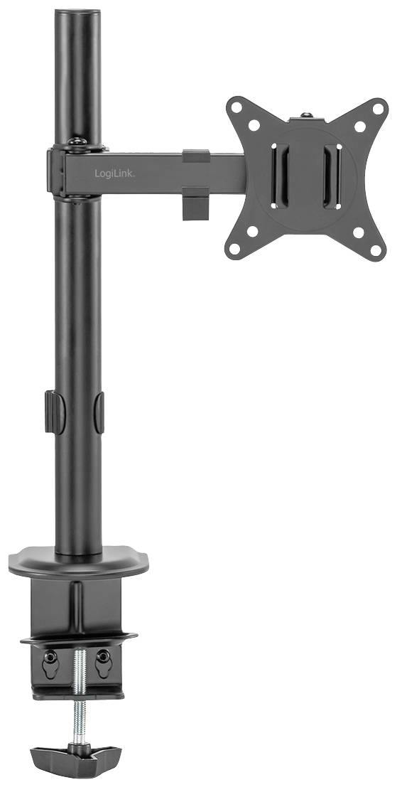 Ein schwarzer Monitorhalter mit Klemme zur Befestigung an einem Tisch. Der Arm ist höhenverstellbar und für VESA-kompatible Monitore geeignet.