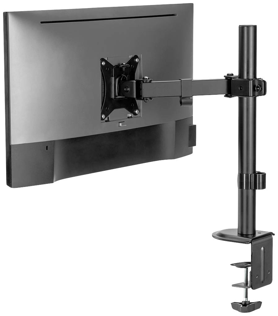 Ein Monitor ist an einem verstellbaren Schwenkarm befestigt, der an einem Tischrand geklemmt ist, was Flexibilität in der Positionierung ermöglicht.