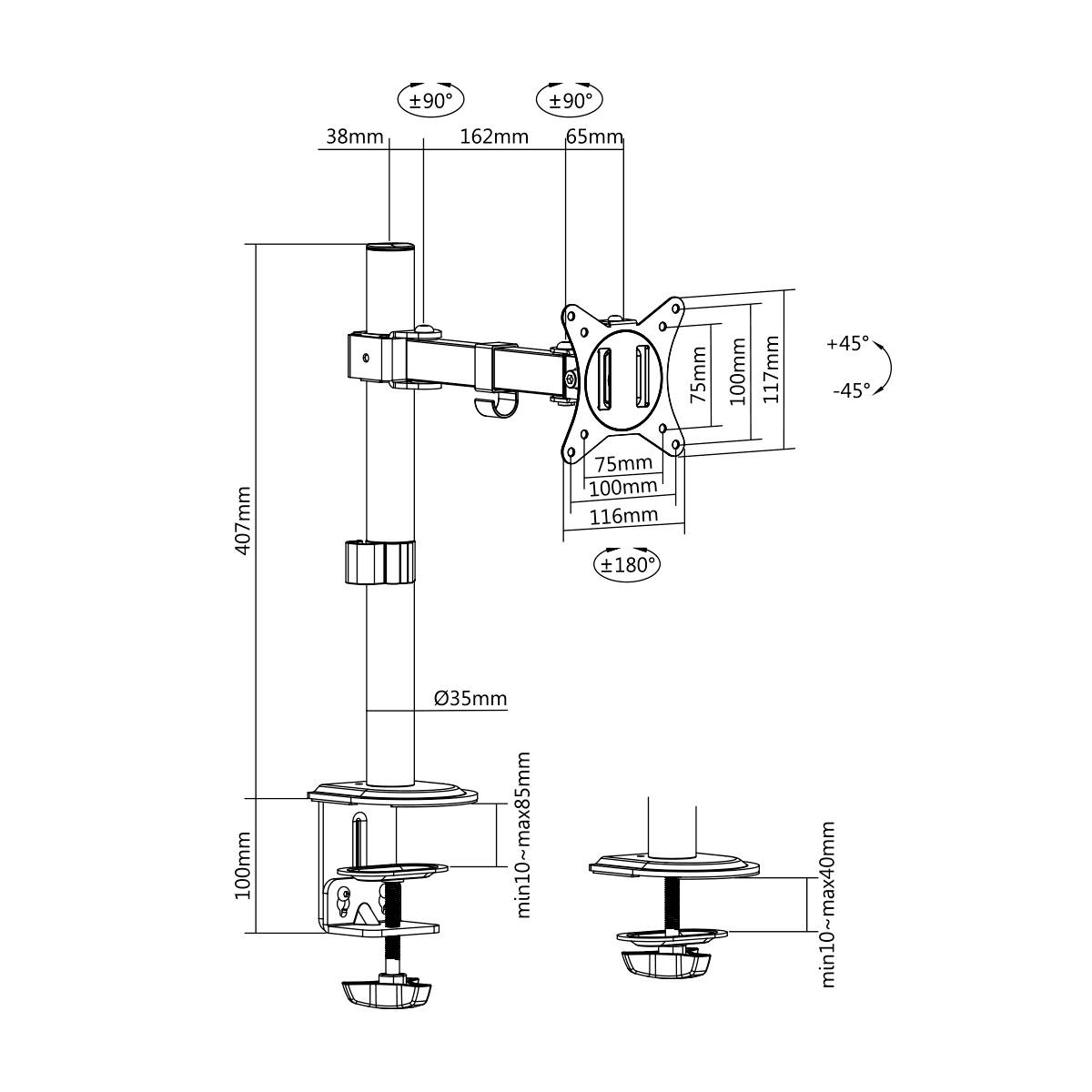 Diagramm eines verstellbaren Bildschirmarms mit Maßen: Höhe 407 mm, Breite 162 mm, Neigungswinkel ±45°. Clamp- und Durchtischmontageoptionen.