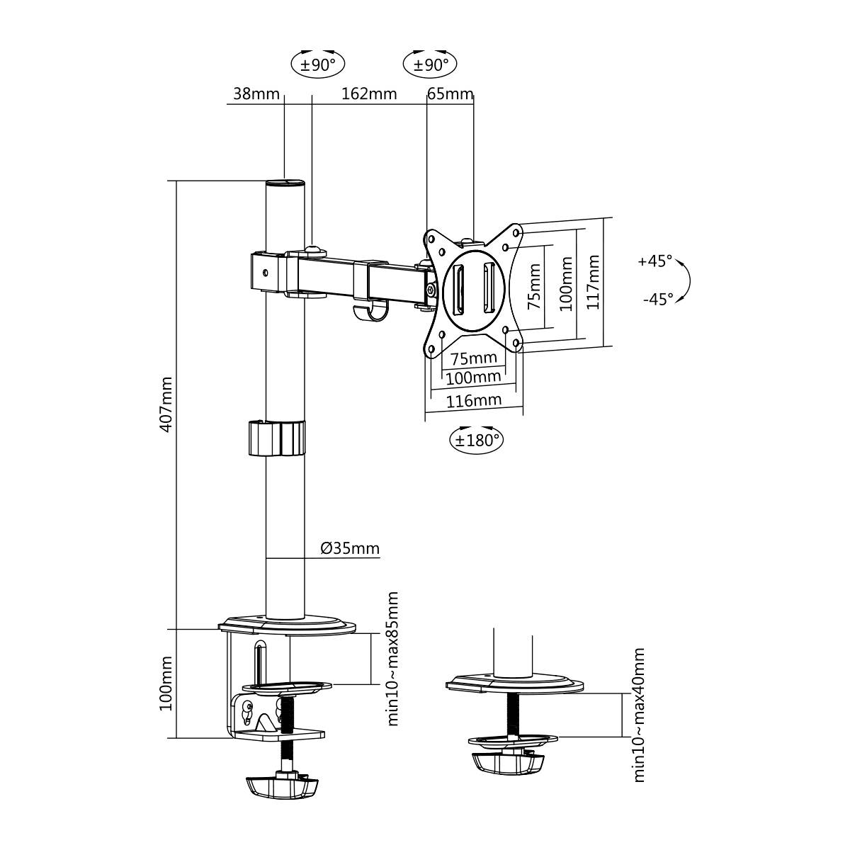 Technische Zeichnung eines Monitorarms mit Abmessungen und Neigungswinkeln. Höhenverstellbar bis 407mm; drehbar um 180 Grad. Geeignet für Tischmontage.