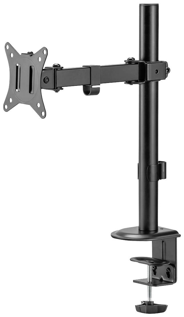 Ein schwarzer, höhenverstellbarer Monitorarm zur Befestigung an einem Schreibtisch, geeignet für Monitore mit VESA-Halterung.