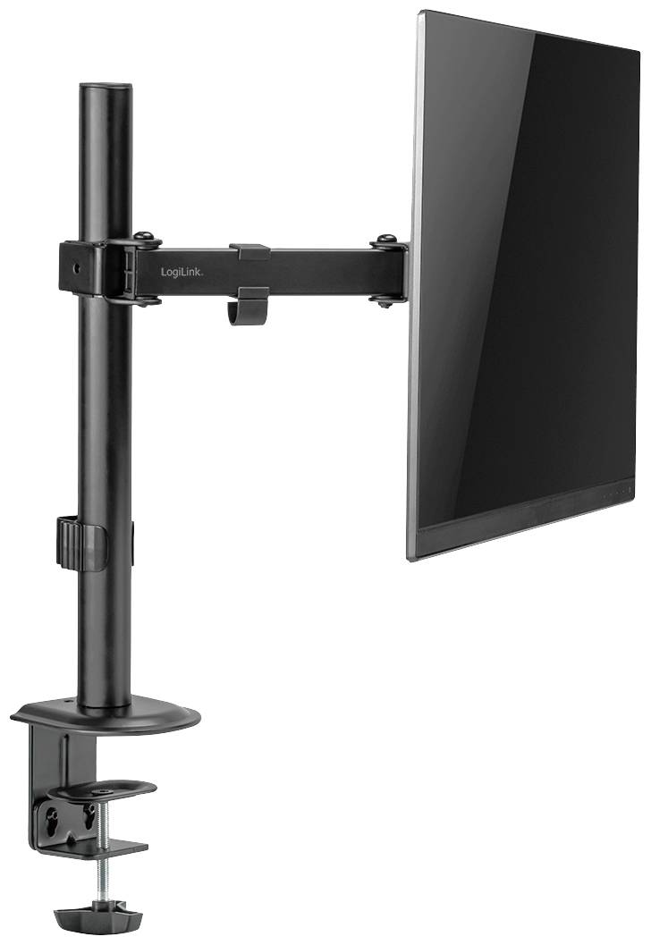 Schwarzer Monitorarm mit Klemmbefestigung zur Installation an einer Tischplatte, hält einen Flachbildschirm in der Luft.