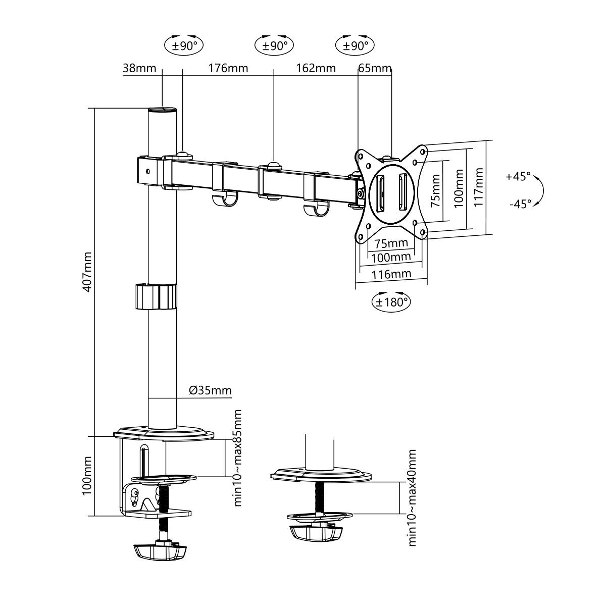 Illustration einer Tischhalterung mit Maßen: Höhe 407mm, Arm 176mm, VESA-Halterung, drehbar ±90°, neigbar ±45°.