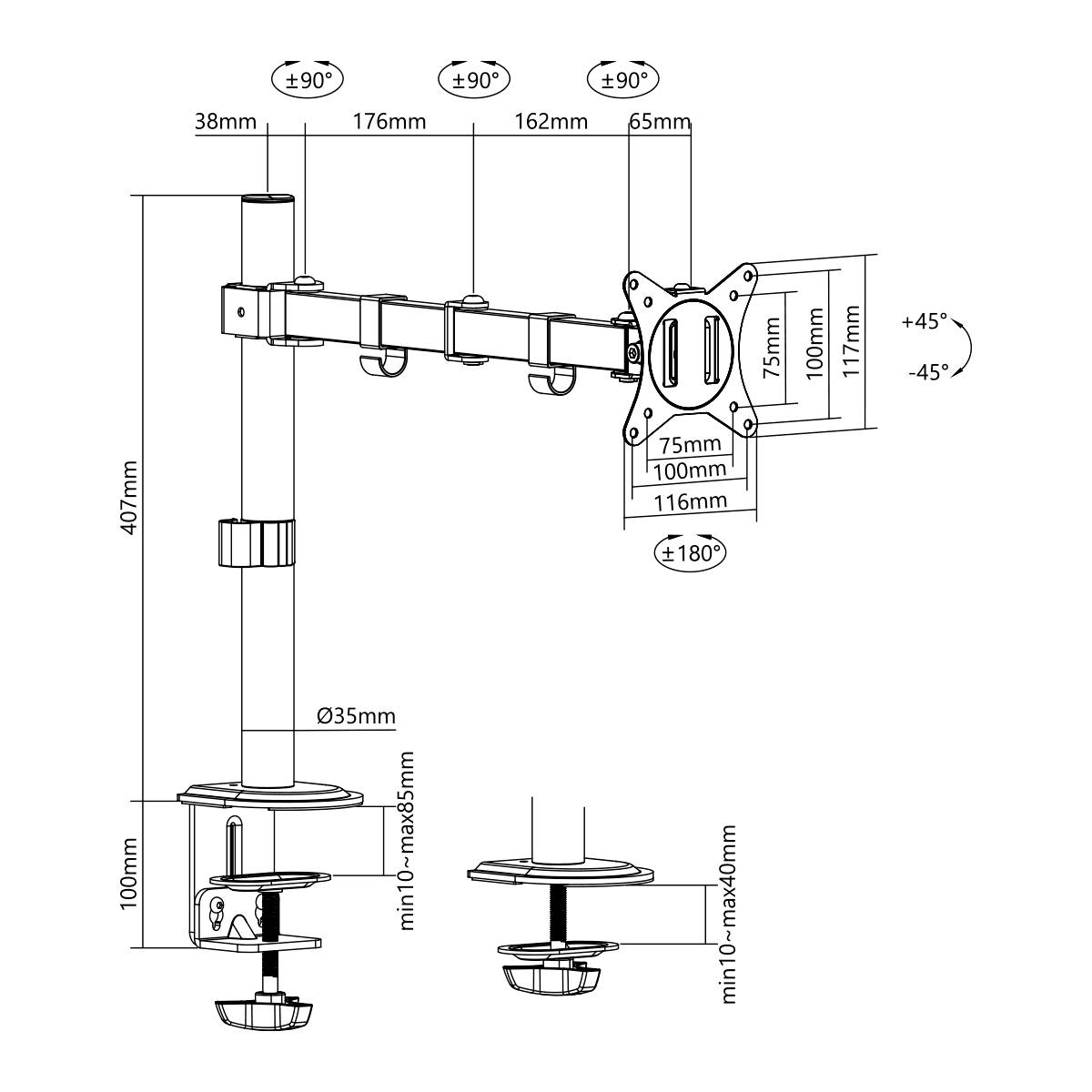Technische Zeichnung einer Monitorhalterung mit verstellbarem Arm. Maße und Schwenkgrade angegeben. Zeigt Montage und Einstellmöglichkeiten.