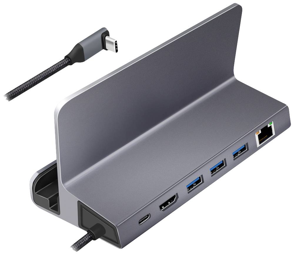 Laptop-Dockingstation mit USB-C-Anschluss, mehreren USB-3.0-Ports, HDMI-Ausgang und Ethernet-Anschluss für erweiterte Konnektivität.