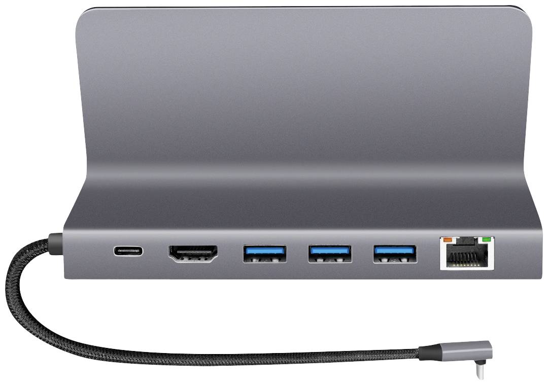 Dockingstation mit USB-C, HDMI, drei USB-A-Anschlüssen und Ethernet-Anschluss. Geeignet für die Erweiterung der Konnektivität tragbarer Geräte.