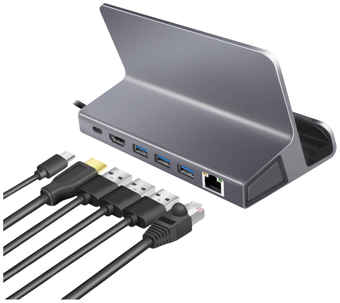 Dockingstation aus Metall mit acht Anschlüssen: HDMI, Ethernet, zweimal USB-A, USB-C, VGA, Audioanschluss und Stromversorgung.