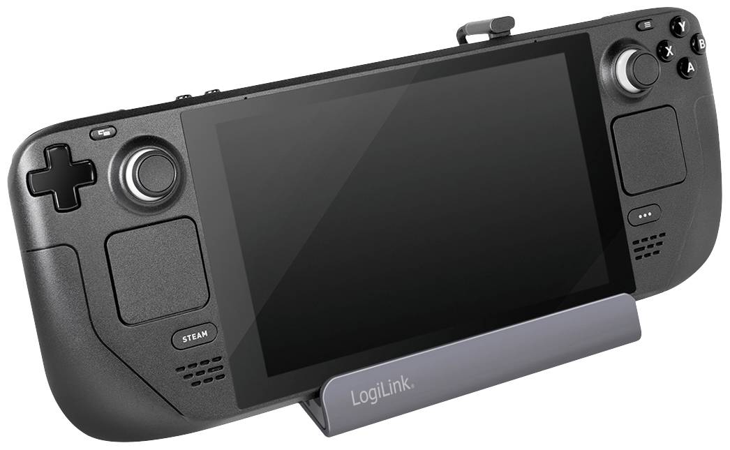 Tragbare Spielekonsole mit großem Bildschirm und seitlichen Bedienelementen, auf einem grauen Ständer platziert.