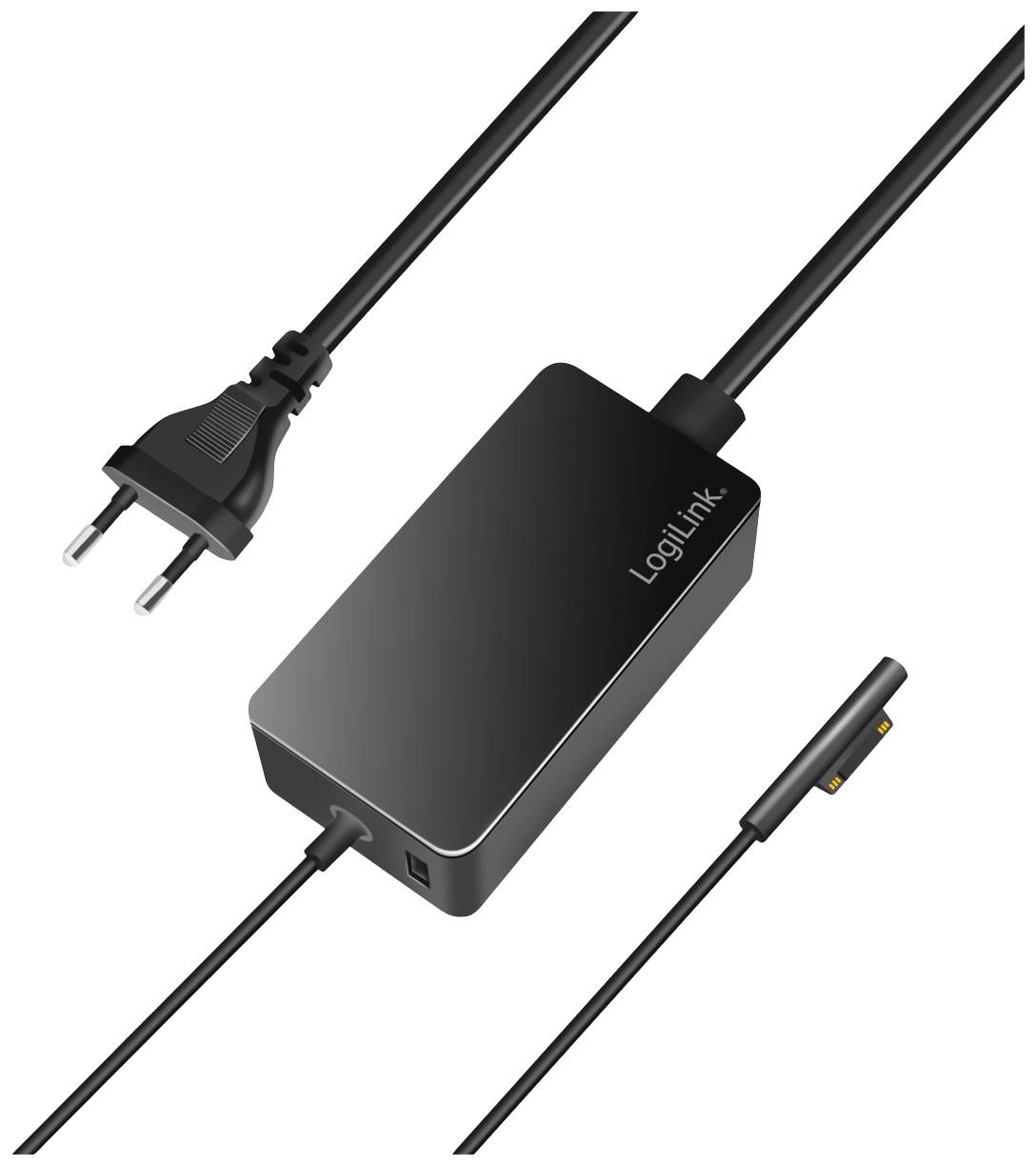 Schwarzes Netzteil 'LogiLink' mit EU-Stecker und rechteckigem Anschluss. Geeignet für elektronische Geräte.