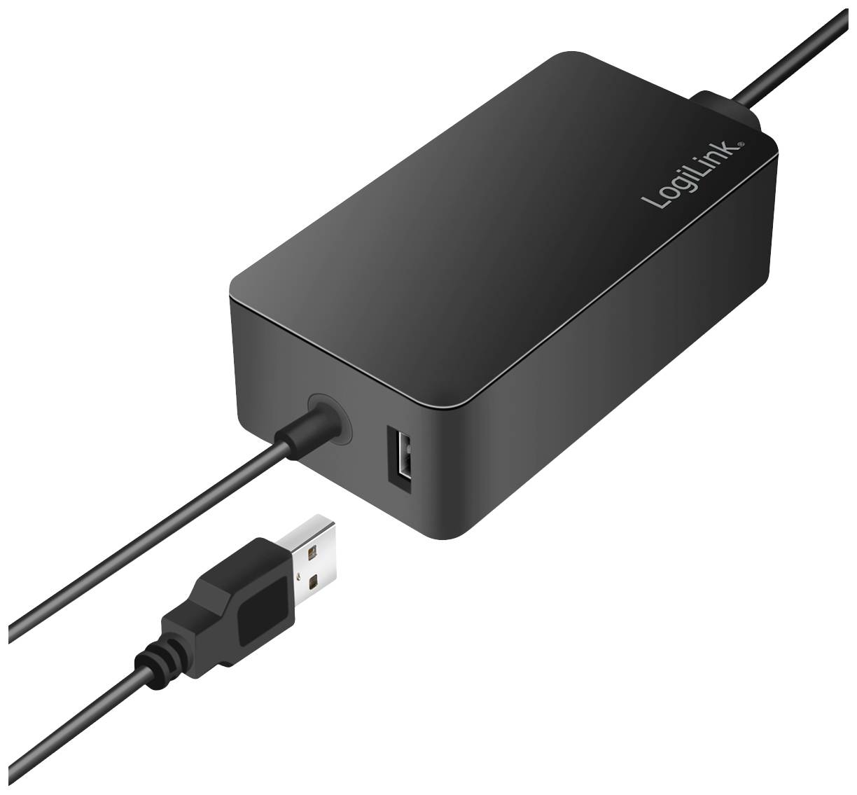 Schwarzes LogiLink USB-Ladegerät mit zwei Anschlüssen; eins wird mit dem Kabel verbunden, ein weiteres ist ein USB-Anschluss an der Seite.