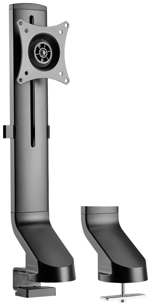 Ein schwarzer Monitorarm aus Metall, geeignet zur Befestigung an einem Schreibtisch, mit VESA-Halterung für Monitore.