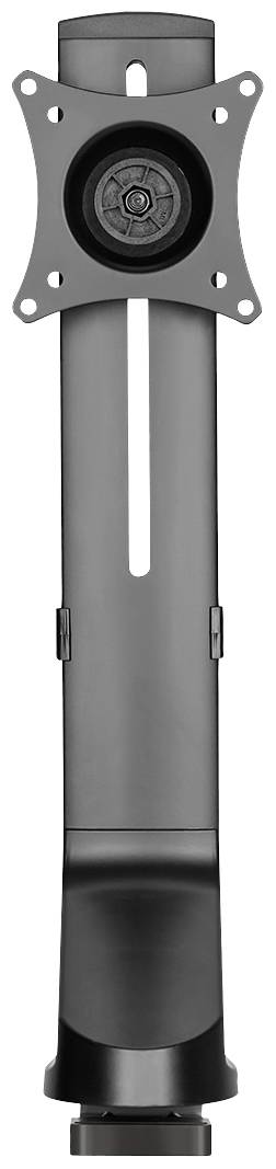 Ein schwarzer Monitorarm aus Metall, vertikal ausgerichtet, mit einem Schwenkmechanismus oben zur Befestigung eines Bildschirms.