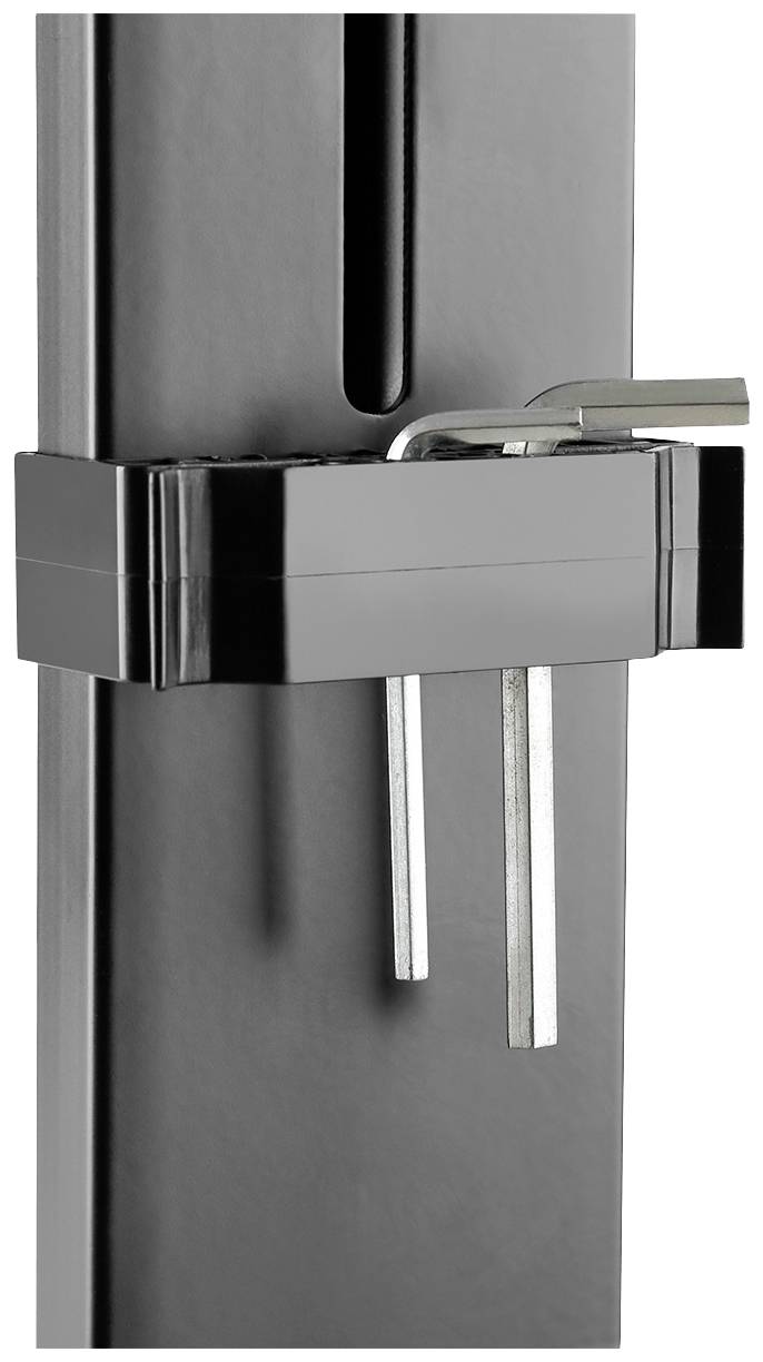 Ein schwarzes elektrisches Schließsystem mit silbernem Riegelmechanismus, montiert an einer vertikalen Oberfläche.