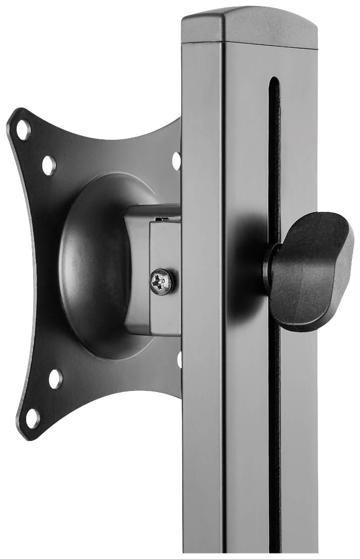 Eine schwarze, verstellbare Halterung für Monitor oder Bildschirm, mit Schraublöchern und einer drehbaren Einstellschraube.