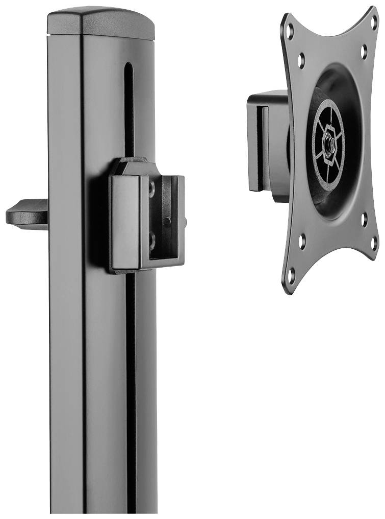 Ein schwarzer Monitorhalter mit VESA-Halterung und verstellbarer Höhe. Wandmontage für flexible Bildschirmpositionierung.