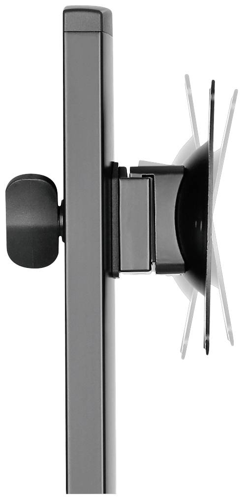 Ein flacher Bildschirm wird seitlich gezeigt und ist an einer verstellbaren Halterung befestigt.