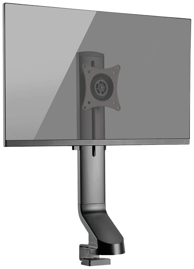 Ein Bildschirmhalter mit verstellbarem Arm und VESA-Halterung in Seitenansicht, geeignet zur Befestigung eines Monitors auf einem Schreibtisch.